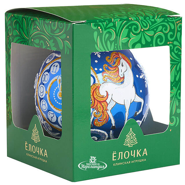 Стеклянный елочный шар Зодиак - Лошадка с часами 10 см синий Фабрика Елочка