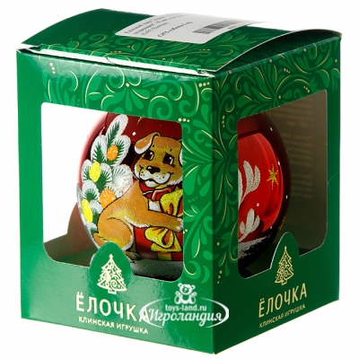 Стеклянный елочный шар Зодиак - Песик с подарками 9 см красный Фабрика Елочка
