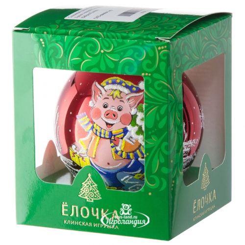 Стеклянный елочный шар Зодиак - Хрюня с елочкой 9 см красный Фабрика Елочка