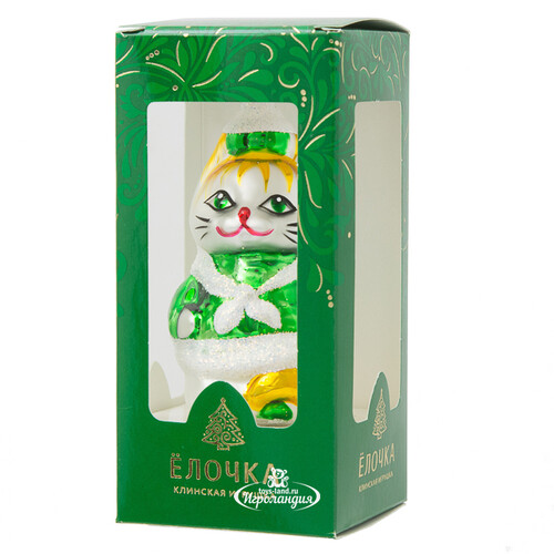 Стеклянная елочная игрушка Кошечка 8.5 см зеленая, подвеска Фабрика Елочка