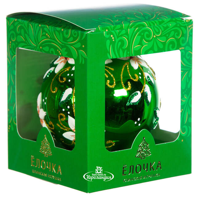 Стеклянный елочный шар Цветочный 9 см зеленый глянцевый Фабрика Елочка