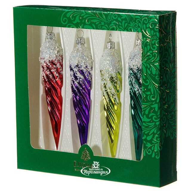 Набор елочных игрушек Сосульки Спираль 14 см разноцветные непрозрачные, 4 шт, стекло, подвеска Фабрика Елочка
