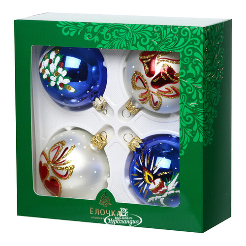 Набор стеклянных елочных шаров Рождество 7 см, 4 шт белый с синим Фабрика Елочка