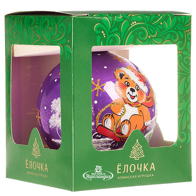 Стеклянный елочный шар Мишка на Санках 8 см фиолетовый Фабрика Елочка