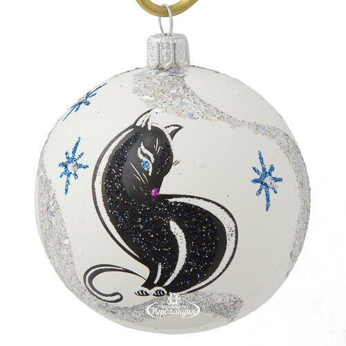 Стеклянный елочный шар Зодиак - Кошка Матильда из Лунной страны 7 см белый Фабрика Елочка