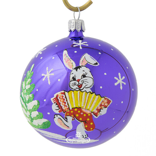 Стеклянный елочный шар Зодиак - Кролик Емеля с гармошкой 7 см фиолетовый Фабрика Елочка
