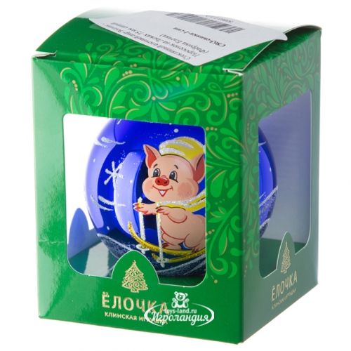 Стеклянный елочный шар Зодиак - Поросенок на Лыжах 7 см синий Фабрика Елочка