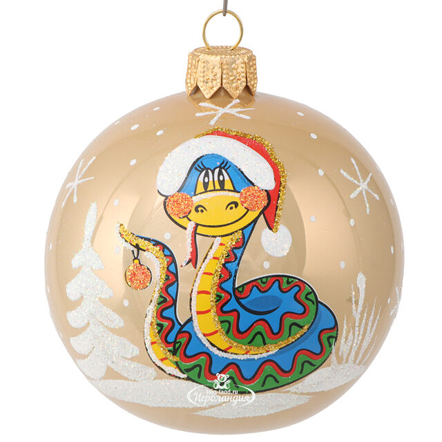 Стеклянный елочный шар Зодиак - Змей Ширли в колпаке 8 см бежевый Фабрика Елочка
