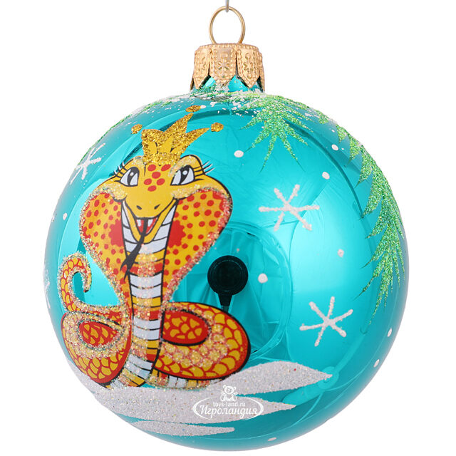 Стеклянный елочный шар Зодиак - Змея Шеннон с короной 8 см бирюзовый Фабрика Елочка