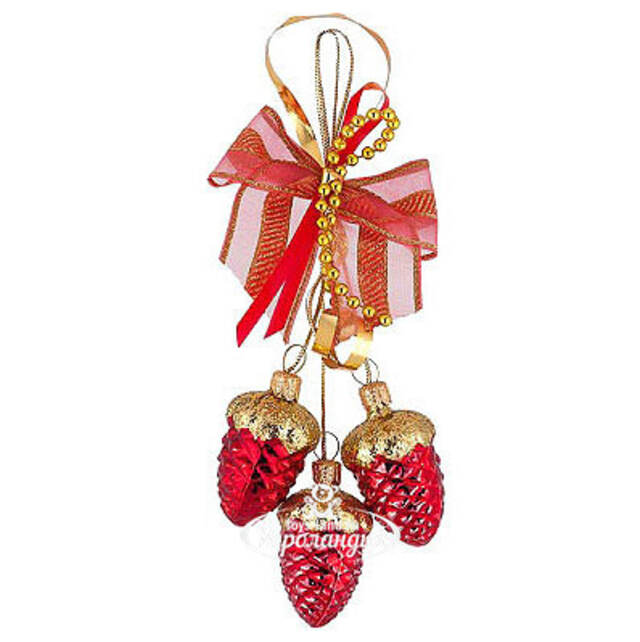 Стеклянное елочное украшение Шишечки 10 см красные и золотые 2 шт, подвеска Фабрика Елочка