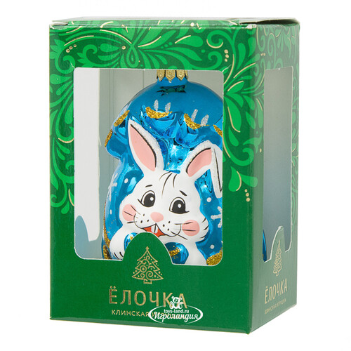 Стеклянная елочная игрушка Подарок - Кролик 8.5 см синий, подвеска Фабрика Елочка