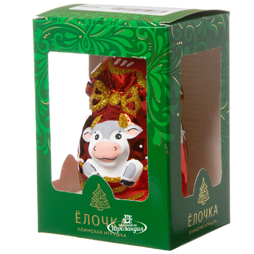 Стеклянная елочная игрушка Бык Подарок 8.5 см красный, подвеска Фабрика Елочка