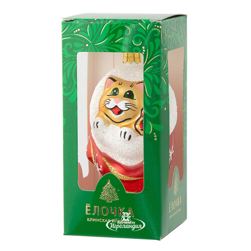 Стеклянная елочная игрушка Кот в рукавичке 8 см красная, подвеска Фабрика Елочка
