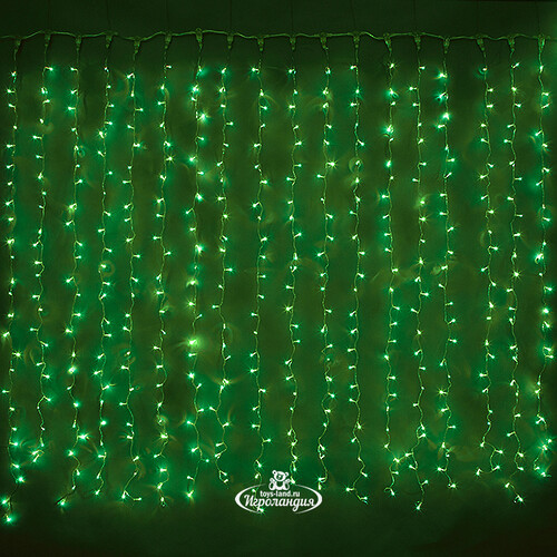 Световой дождь 2.5*1.5 м, 625 зеленых микроламп, прозрачный ПВХ, соединяемый, IP20 Snowhouse