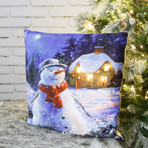 Новогодняя подушка с лампочками Arctic Story: Happy Snowman 45*45 см, на батарейках Peha
