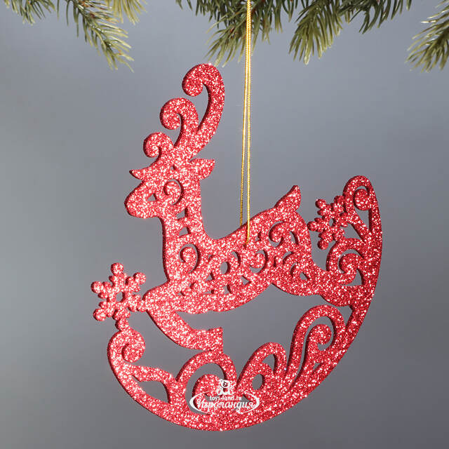 Деревянная елочная игрушка Олень Ажурный 15 см красный МанузинЪ