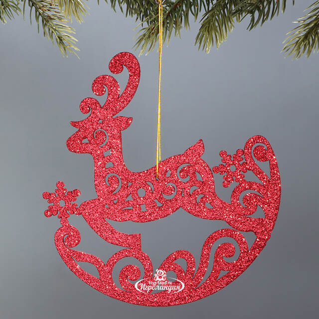 Деревянная елочная игрушка Олень Ажурный 15 см красный МанузинЪ