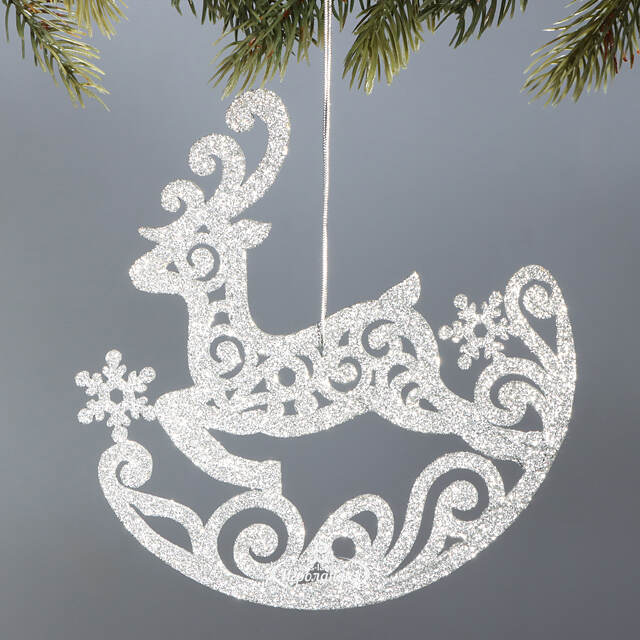 Деревянная елочная игрушка Олень Ажурный 15 см серебряный МанузинЪ