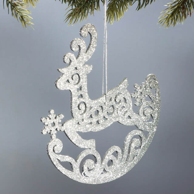 Деревянная елочная игрушка Олень Ажурный 15 см серебряный МанузинЪ