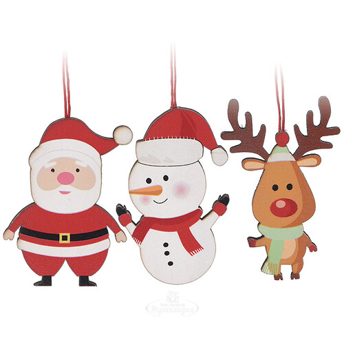 Набор деревянных елочных игрушек Санта и Его Друзья 9 см, 3 шт, подвеска Koopman