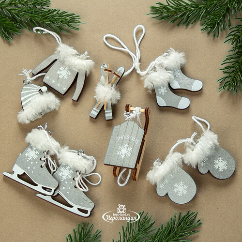 Набор деревянных елочных игрушек Зимнее Веселье 3-6 см, серый, 10 шт, подвеска Koopman