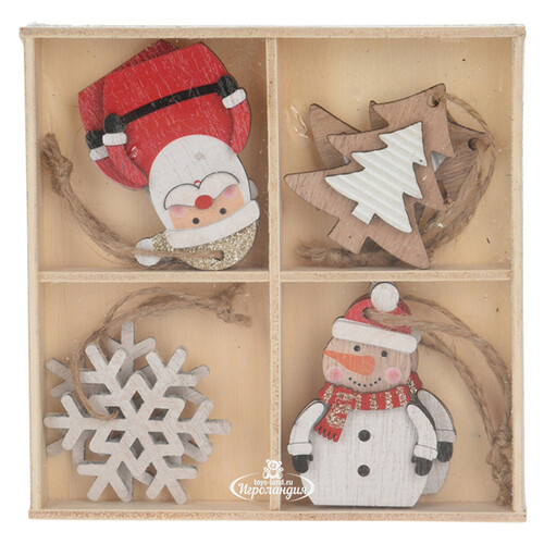 Набор деревянных елочных игрушек Lovely Xmas - Санта и Снеговик 6 см, 8 шт, подвеска Koopman