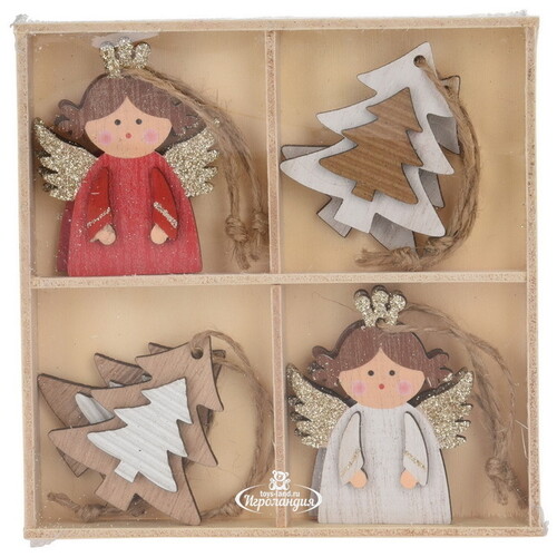 Набор деревянных елочных игрушек Lovely Xmas - Ангелочки 6 см, 8 шт, подвеска Koopman