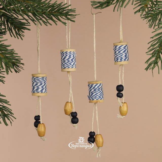 Деревянная елочная игрушка Катушка Ниток 19 см, 4 шт Koopman