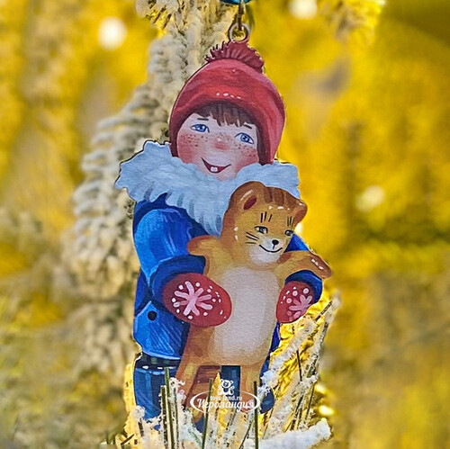 Елочная игрушка Мальчик с котом - Зимние Каникулы 10 см, подвеска МанузинЪ