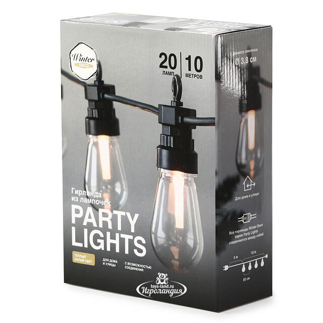 Гирлянда из лампочек Edison Party Lights 10 м, 20 ламп, теплые белые LED, черный ПВХ, соединяемая, IP44 Winter Deco