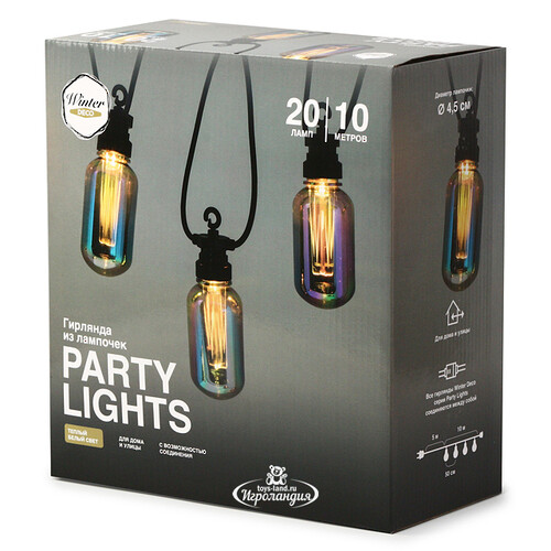 Гирлянда из лампочек Benzine Party Lights 10 м, 20 ламп, теплые белые LED, черный ПВХ, соединяемая, IP44 Winter Deco