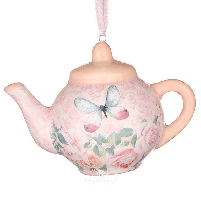 Елочная игрушка Boho Chic: Чайник с бабочкой 6 см розовый, подвеска Kurts Adler