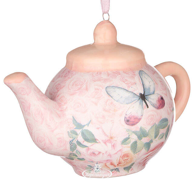 Елочная игрушка Boho Chic: Чайник с бабочкой 6 см розовый, подвеска Kurts Adler