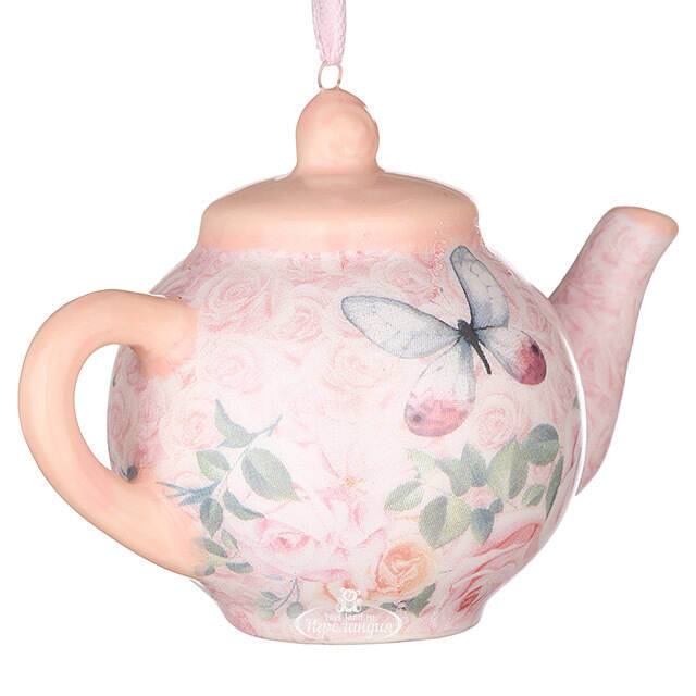 Елочная игрушка Boho Chic: Чайник с бабочкой 6 см розовый, подвеска Kurts Adler