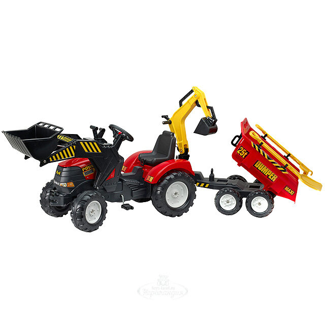 Педальный трактор Falk Power Loader c 2 ковшами, прицепом и аксессуарами 225 см, красный Falk (Фалк)