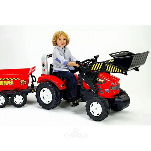 Педальный трактор Falk Power Loader c 2 ковшами, прицепом и аксессуарами 225 см, красный Falk