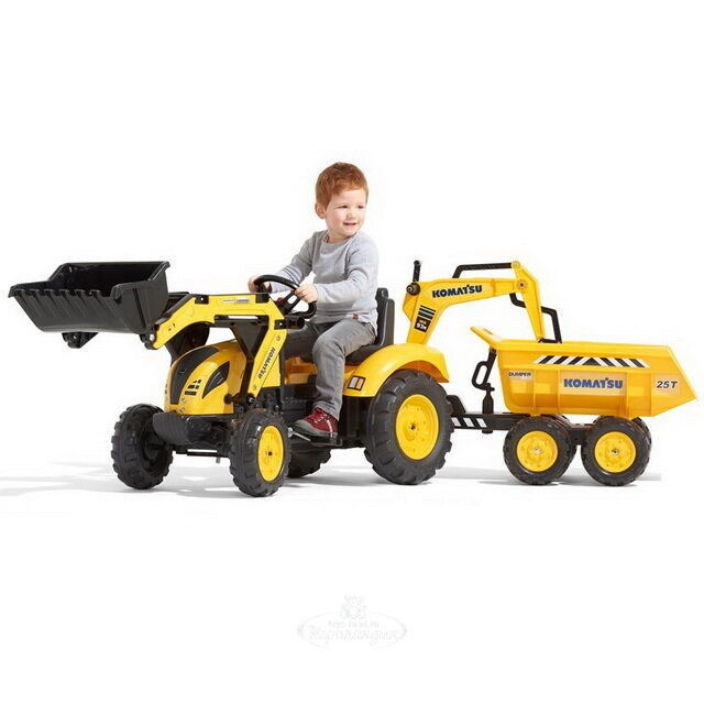 Педальный трактор Komatsu с ковшом и прицепом 222 см Falk