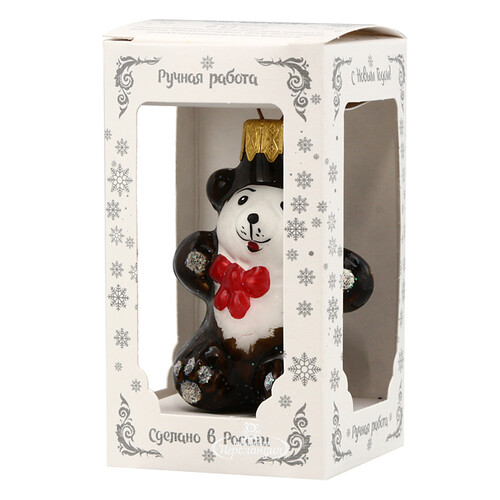 Стеклянная елочная игрушка Медвежонок с бантиком 9 см, подвеска Коломеев