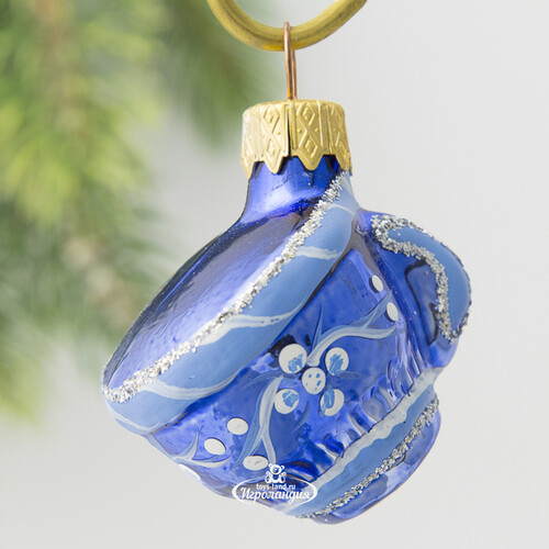 Стеклянная елочная игрушка Чашка - Русские узоры 7 см, синяя, подвеска Коломеев