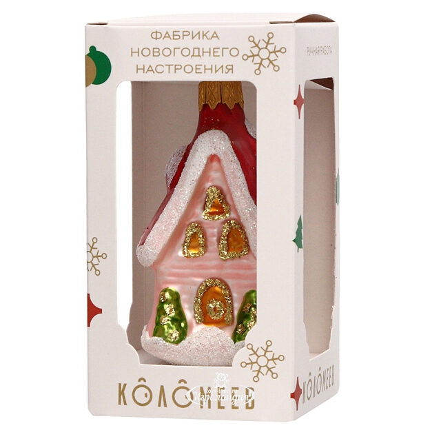 Стеклянная елочная игрушка Домик с елочками 10 см розовый, подвеска Коломеев