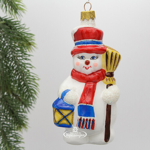 Стеклянная елочная игрушка Снеговик Оле - Житель Винтертауна 14 см, подвеска Коломеев