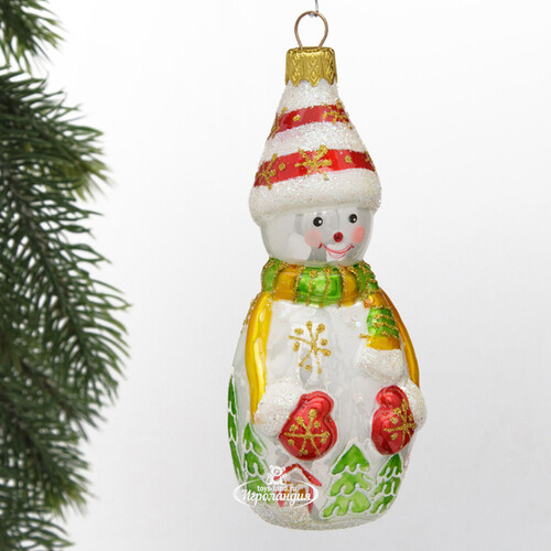 Стеклянная елочная игрушка Снеговик Фреджи 14 см, подвеска Коломеев