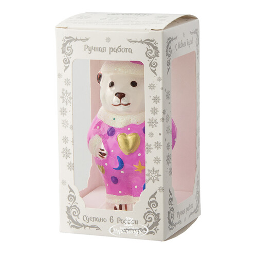 Стеклянная елочная игрушка Мишка в пижаме 11 см розовая, подвеска Коломеев