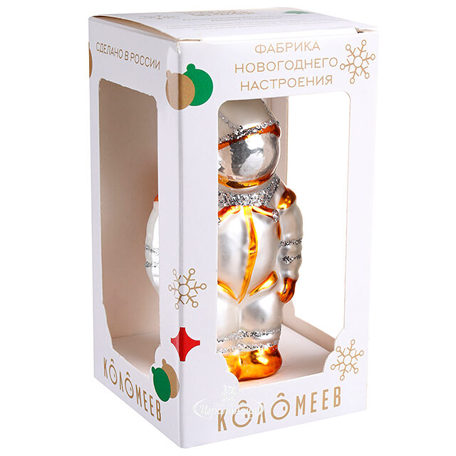 Стеклянная елочная игрушка Космонавт 11 см золотая, подвеска Коломеев