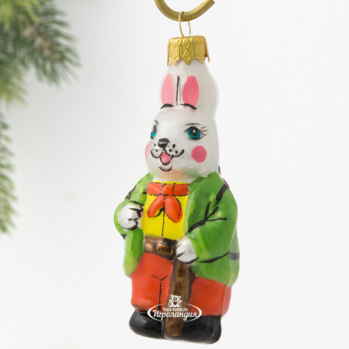 Стеклянная елочная игрушка Кролик Арнольд с рюкзаком 10 см, подвеска Коломеев