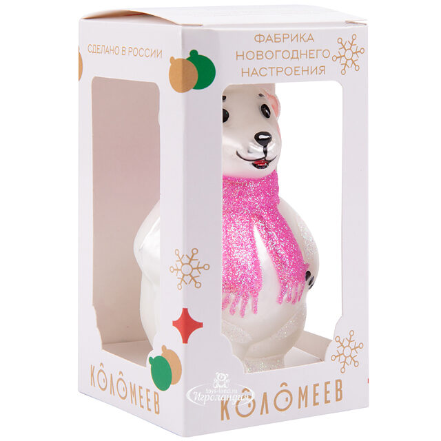 Стеклянная елочная игрушка Мишутка в розовом шарфе 9 см, подвеска Коломеев