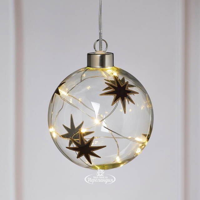 Светящийся елочный шар Ivory Star 10 см, 10 теплых белых LED ламп, на батарейках Peha
