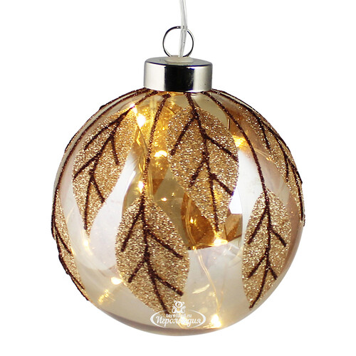 Светящийся елочный шар Amber Leaf 10 см, 10 теплых белых LED ламп, на батарейках Peha