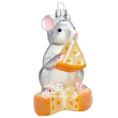 Елочная игрушка Мышка с сыром Чеддер - Сырная Душа 12 см, серебряный, стекло, подвеска Holiday Classics