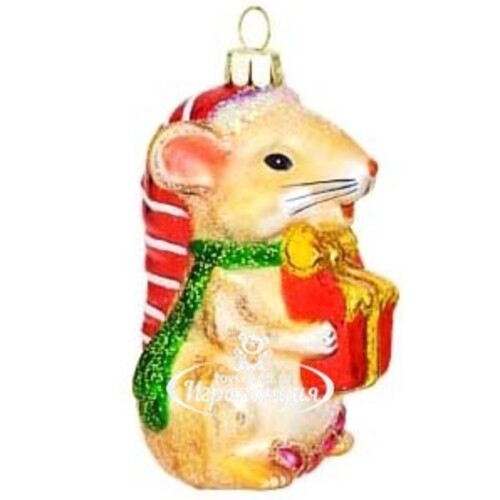 Стеклянная елочная игрушка Мышка Норушка с красным подарком 9 см, подвеска Holiday Classics